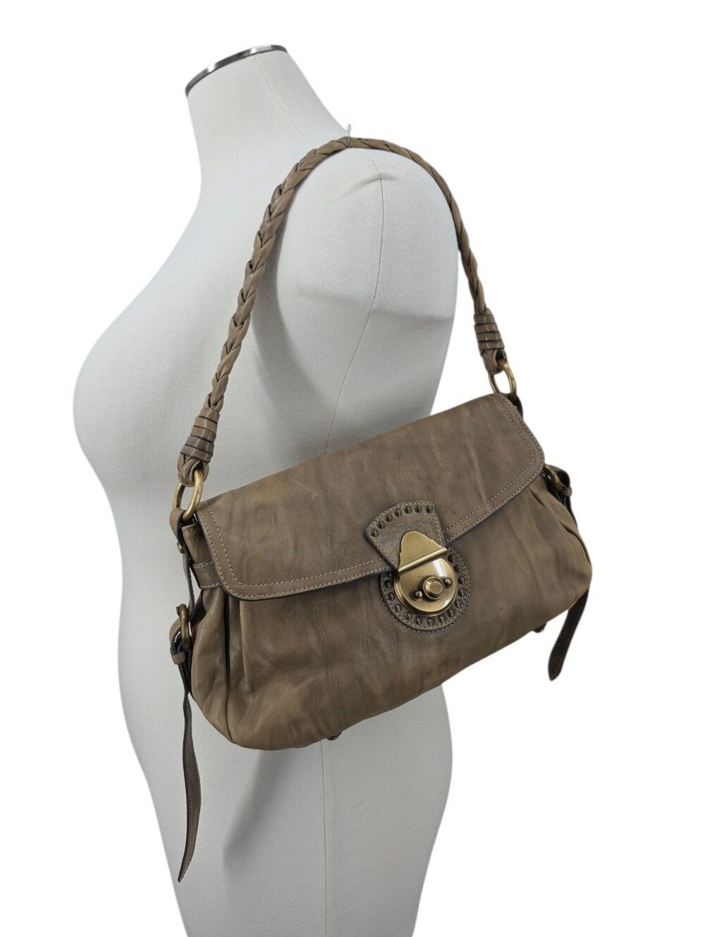 Francesco Biasia Vintage Braided Strap Leather Shoulder Bag with Brass Hardware